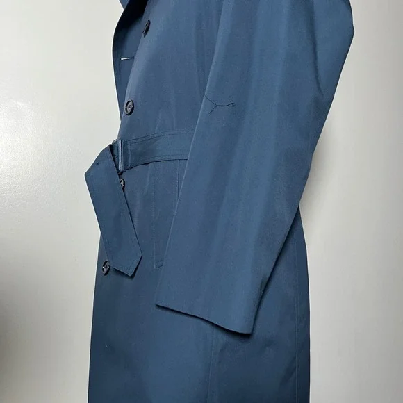 Misty Harbor Trench Coat Mens 42 Regular Blue Solid Double Breasted Belted - Picture 2 of 7